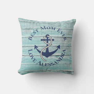 Best Mom Ever Teal Wood Nautical Navy Anchor  Throw Pillow