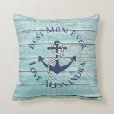 Nautical Anchor Seafoam Stripe Family Monogram Accent Pillow