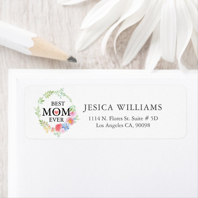 Best mom ever text & floral wreath label (Insitu)