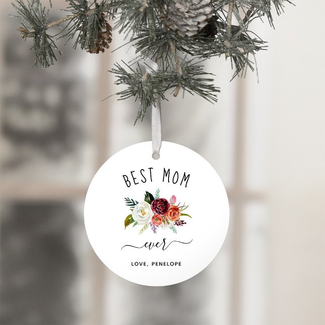 Best Mom Ever | Trendy Burgundy Boho Floral Photo Ornament (A sweet and simple holiday keepsake ornament for your mother)