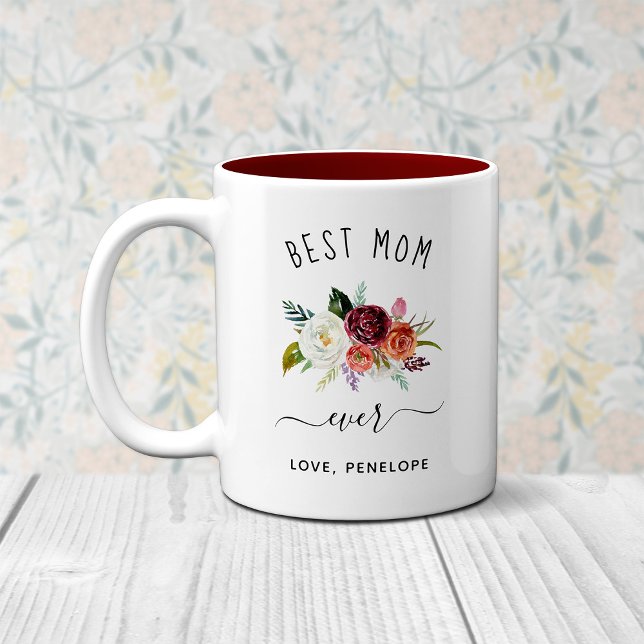 Best Mom Ever | Trendy Burgundy Boho Floral Two-Tone Coffee Mug (Creator Uploaded)