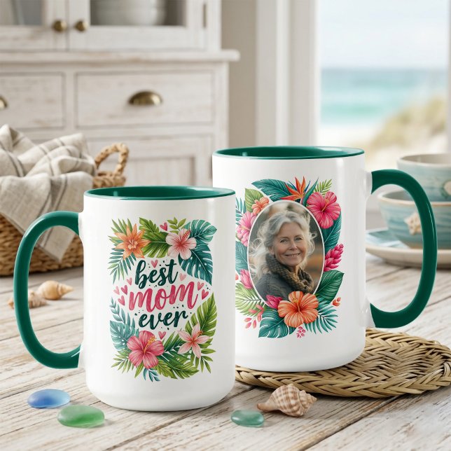 Best Mom Ever Tropical Floral Mother’s Day Photo Mug (Best Mom Ever Tropical Floral Mother’s Day Photo Mug)
