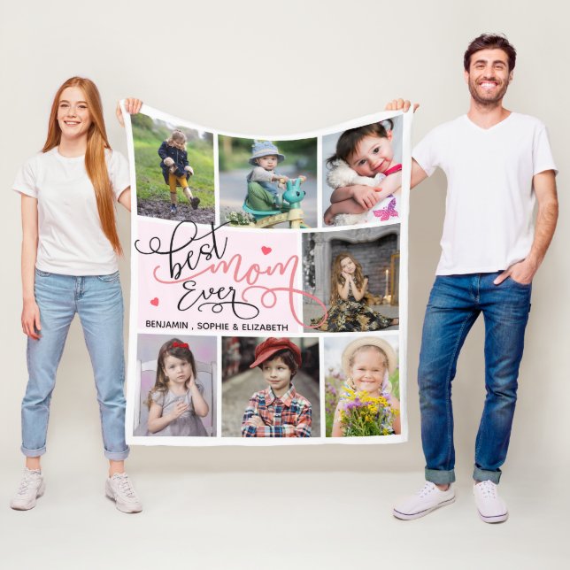 Best Mom Ever Typography Photo Collage Fleece Blanket (In Situ)