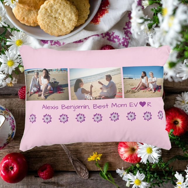 Best Mom Ever, w/ Heart. Name + 3 Photos Collage Accent Pillow (Best Mom Ever. Heart. Personalized name. Collage of 3 photos. Modern, cute Mother's Day gift for Mom)