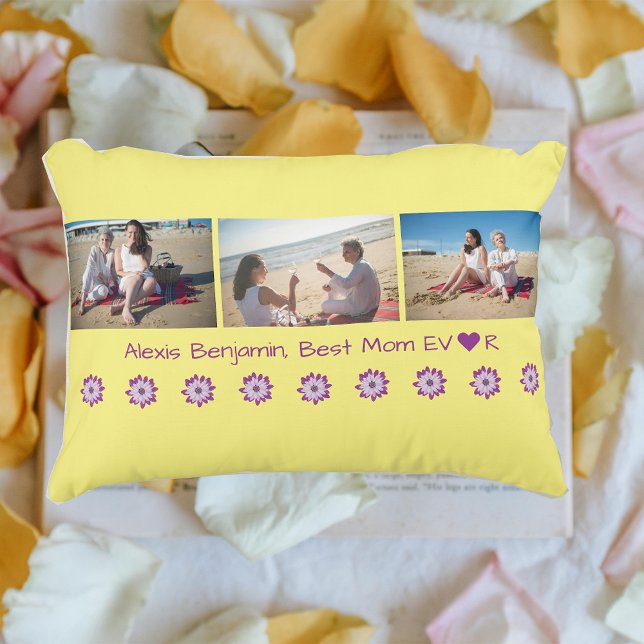 Best Mom Ever, w/ Heart. Name + 3 Photos Collage Accent Pillow (Best Mom Ever. Heart. Personalized name. Collage of 3 photos. Modern, cute Mother's Day gift for Mom)