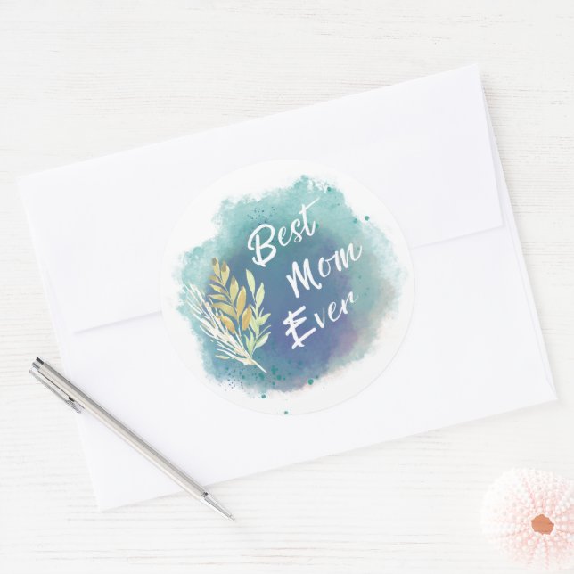 Best Mom Ever Watercolor Floral Blue Round Sticker (Envelope)