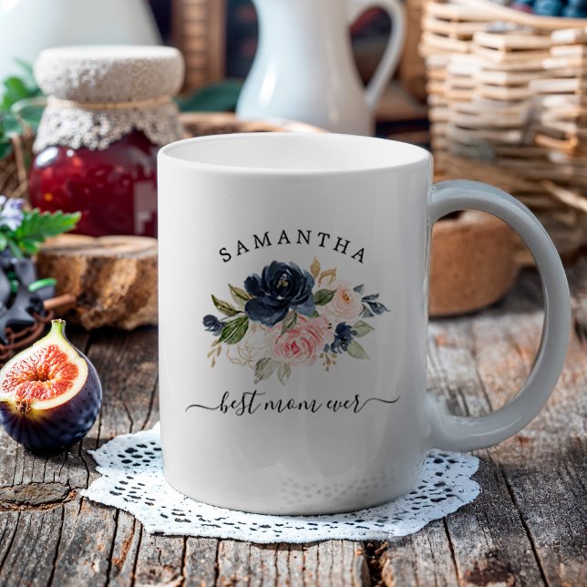 Best Mom Ever Watercolor Floral Coffee Mug (Personalized mug for the best mom ever featuring a blush pink and navy watercolor floral.)