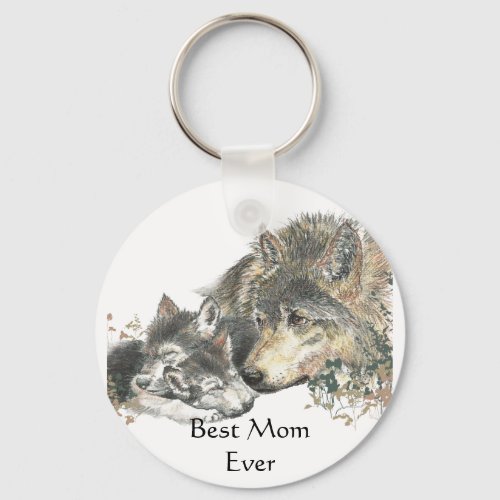 Best Mom Ever Watercolor Wolf  Cubs Animal theme Keychain
