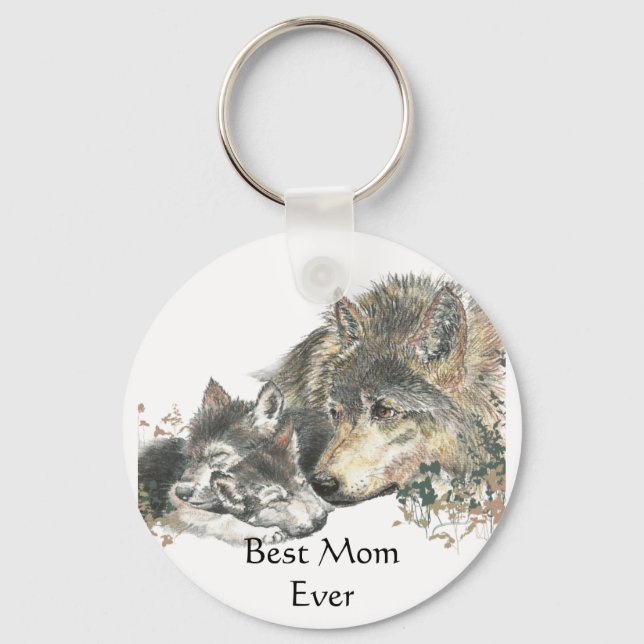 Best Mom Ever Watercolor Wolf & Cubs Animal theme Keychain (Front)