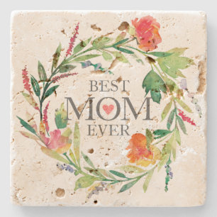 Best Mom Ever-Watercolors Flowers Wreath Stone Coaster