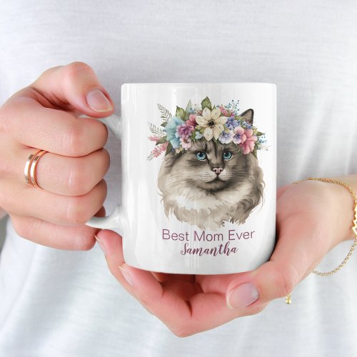 Best Mom Ever Whimsical Floral Watercolor Cat Coffee Mug