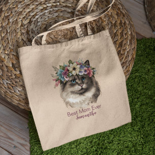 Best Mom Ever Whimsical Floral Watercolor Cat Tote Bag