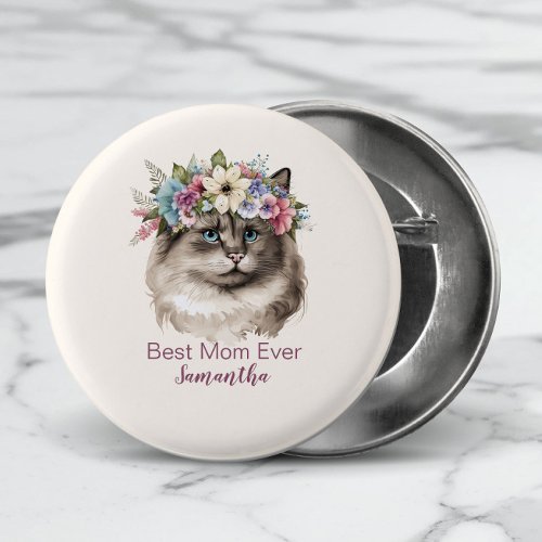 Best Mom Ever Whimsical Watercolor Floral Cat Button