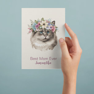 Best Mom Ever Whimsical Watercolor Floral Cat Postcard