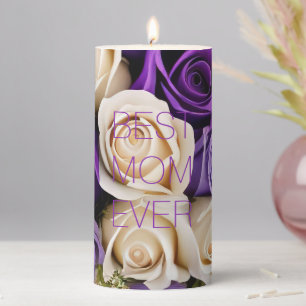 Best Mom Ever White and Purple Roses Floral Pillar Candle