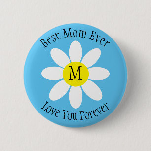 Best Mom Ever White Daisy Sky Blue Single Initial Button