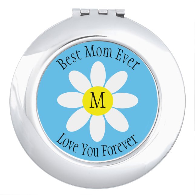 Best Mom Ever White Daisy Sky Blue Single Initial Compact Mirror (Front)