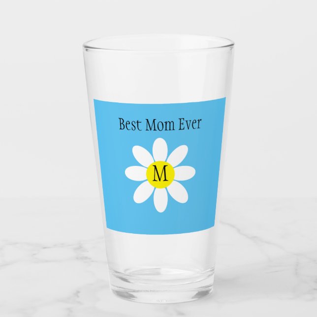 Best Mom Ever White Daisy Sky Blue Single Initial  Glass (Front)