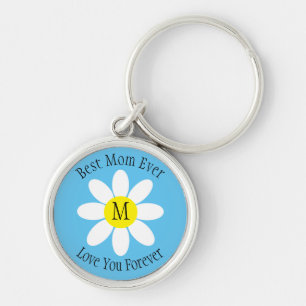 Best Mom Ever White Daisy Sky Blue Single Initial Keychain