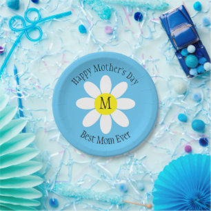 Best Mom Ever White Daisy Sky Blue Single Initial Paper Plates