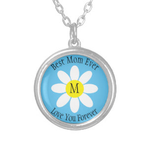 Best Mom Ever White Daisy Sky Blue Single Initial Silver Plated Necklace