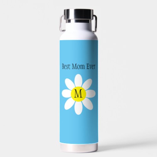 Best Mom Ever White Daisy Sky Blue Single Initial  Water Bottle