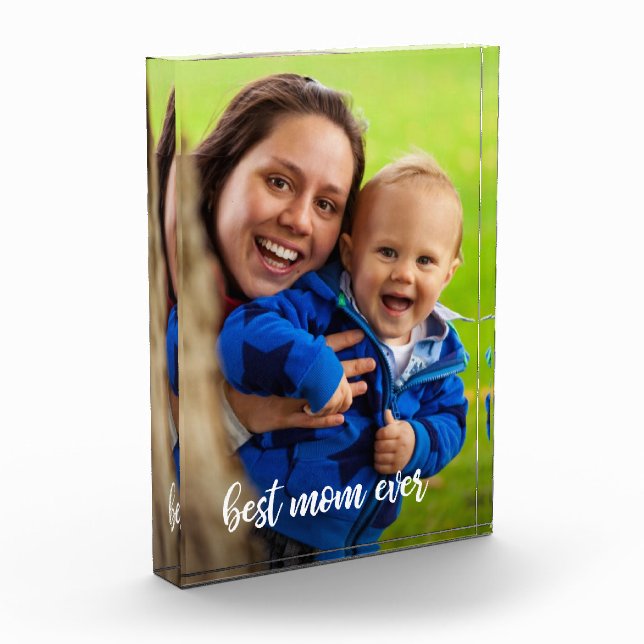 Best Mom Ever White Handwritten Script Your Photo Acrylic Award (Left)