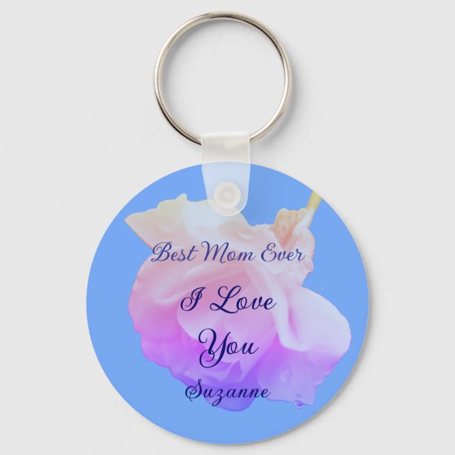 Best Mom Ever White Rose Personalized Keychain (Front)
