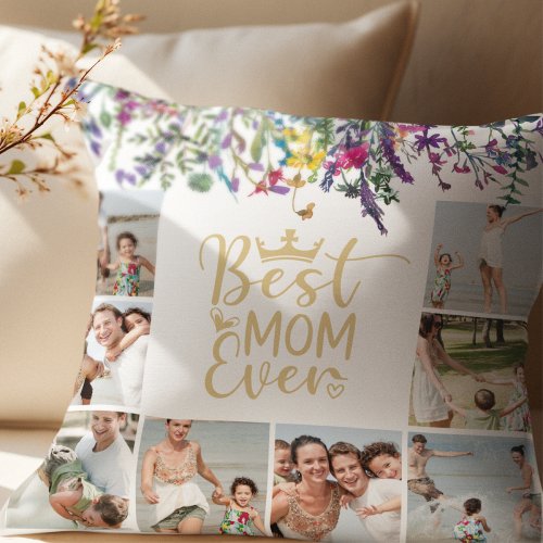 Best Mom Ever Wildflower Photo Collage Throw Pillow