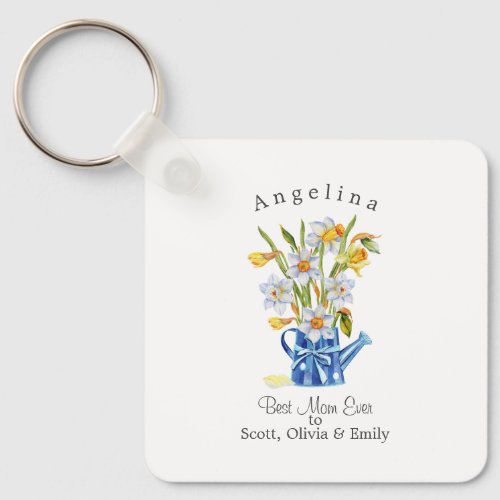 Best Mom Ever Yellow Florals Blue Jug Personalized Keychain