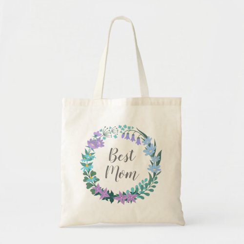 Best Mom Floral Bluebells Greenery Wreath Budget Tote Bag