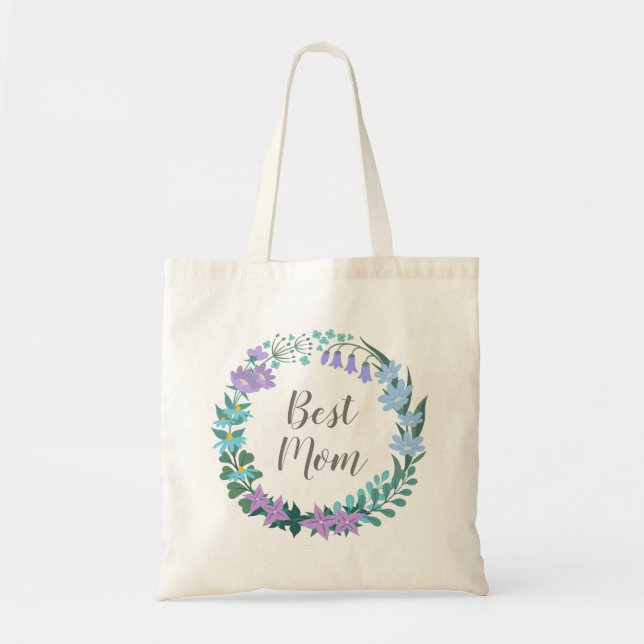 Best Mom Floral Bluebells Greenery Wreath Budget Tote Bag (Front)