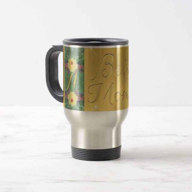 "Best Mom" Floral Brass-like Monogram Mug (Front Left)