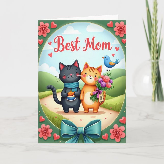 Best Mom Floral Feline Art Card (Front)