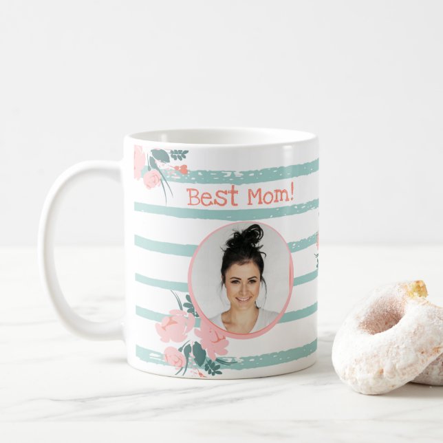 Best Mom Floral Striped Pink Turquoise Photo Coffee Mug (With Donut)