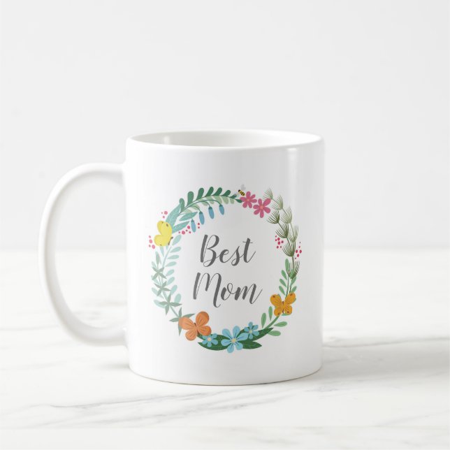 Best Mom Floral Wild Flower Butterfly Wreath Coffee Mug (Left)