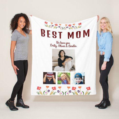 Best Mom Flowers 4 Photo Collage Keepsake  Fleece Blanket