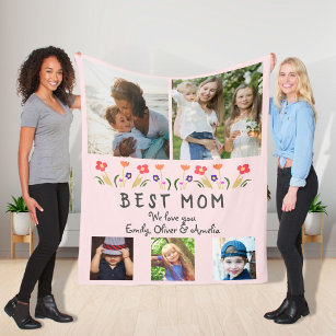 Best Mom Flowers 5 Photo Collage Keepsake Fleece Blanket
