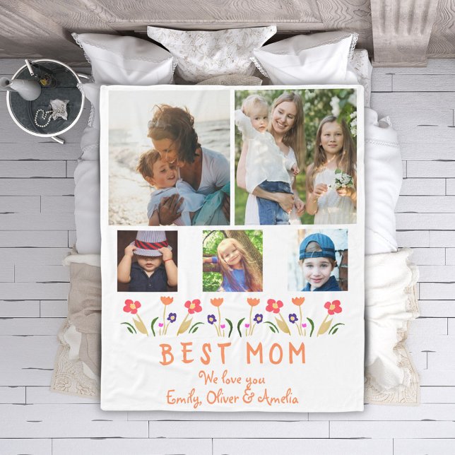 Best Mom Flowers 5 Photo Collage Keepsake Fleece Blanket (Creator Uploaded)