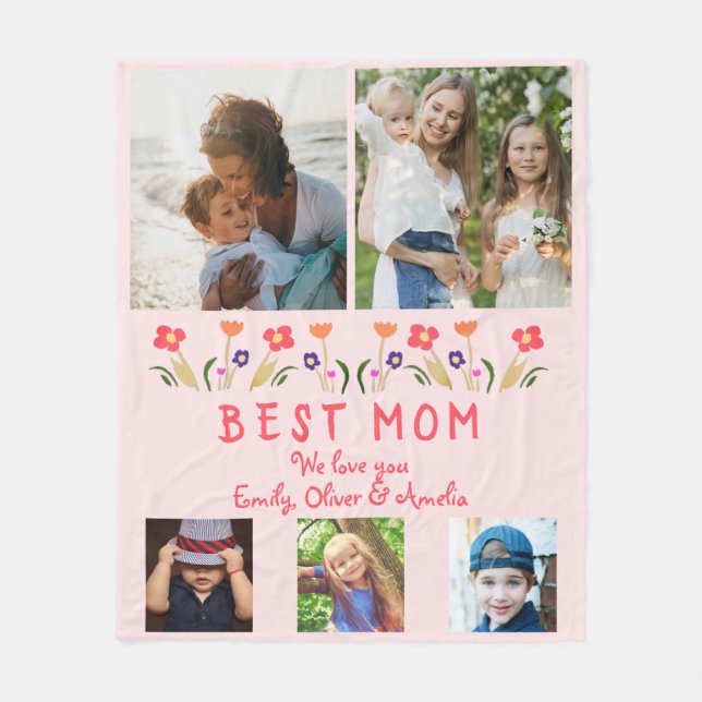 Best Mom Flowers 5 Photo Collage Keepsake Fleece Blanket (Front)