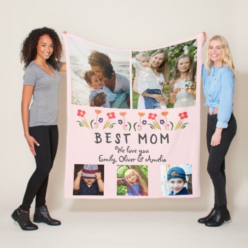 Best Mom Flowers 5 Photo Collage Keepsake Fleece Blanket - Cute Pink Best Mom Flowers 5 Photo Collage Keepsake Fleece Blanket. Hand-drawn flowers and 5 photos. Create your own personal gift for a mother on Mother`s Day, birthday or Christmas.