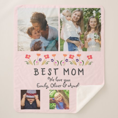 Best Mom Flowers 5 Photo Collage Keepsake Sherpa Blanket