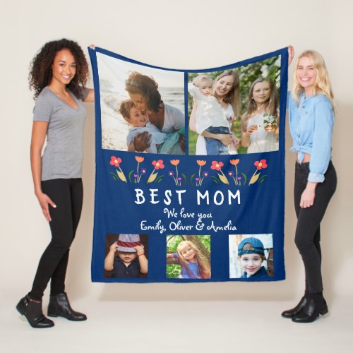 Best Mom Flowers 5 Photo Collage Navy Blue Fleece Blanket - Best Mom Flowers 5 Photo Collage Navy Blue Fleece Blanket. Hand-drawn flowers and 5 photos. Create your own personal gift for a mother on Mother`s Day, birthday or Christmas.