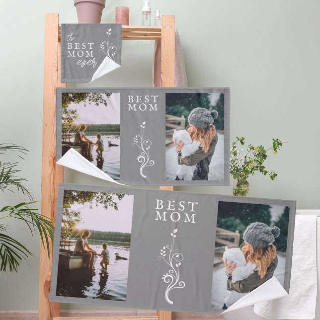 Best Mom Foliage 2 Custom Photos Mother Grey Bath Towel Set (Creator Uploaded)