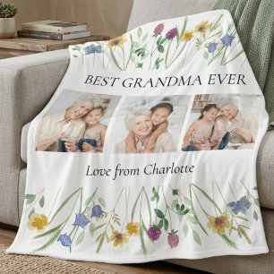 Best Mom Grandma Ever Photo Floral Fleece Blanket