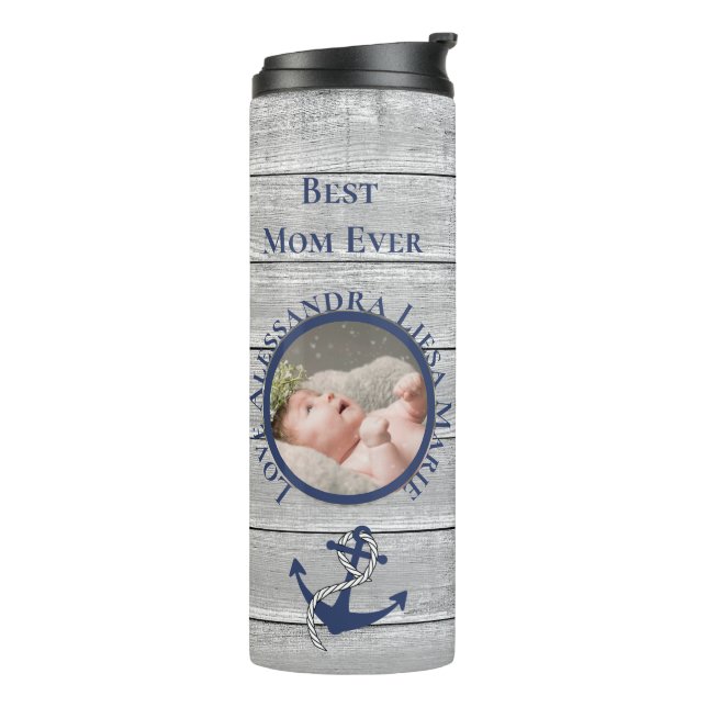 Best Mom Gray Wood Nautical Navy Anchor Thermal Tumbler (Rotated Left)