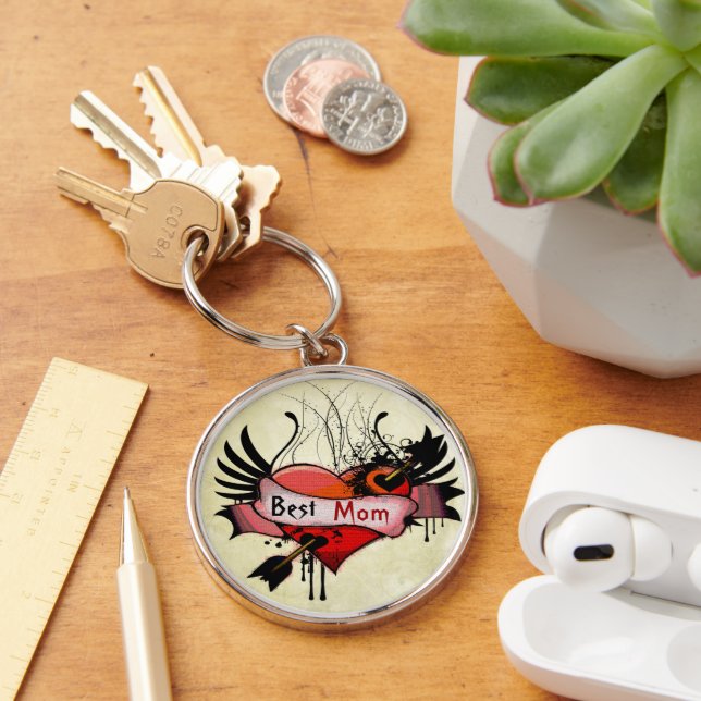 Best Mom Grunge Heart Keychain (Desk)