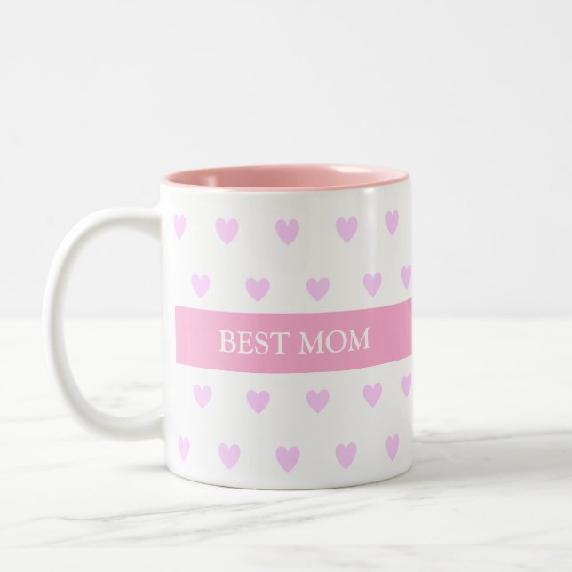 Best Mom Hearts on White Two-Tone Coffee Mug (Left)