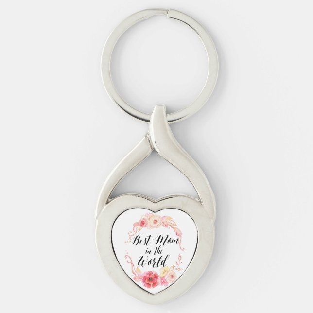 Best Mom In The World Heart Key Chain Floral (Front)