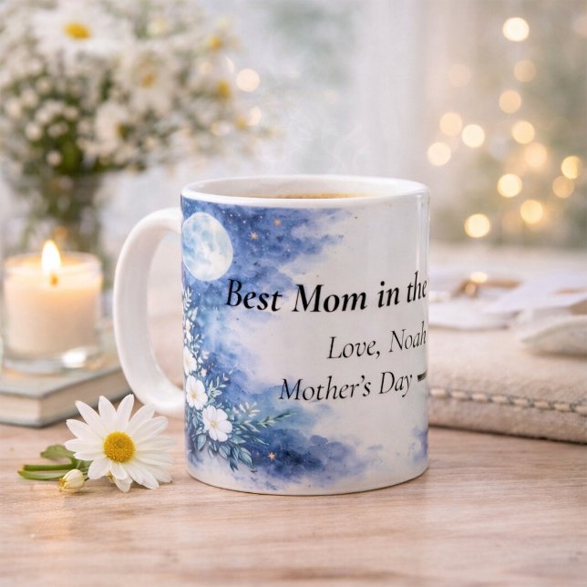 Best Mom in the World Moon Floral Blue Personalize Coffee Mug (Creator Uploaded)